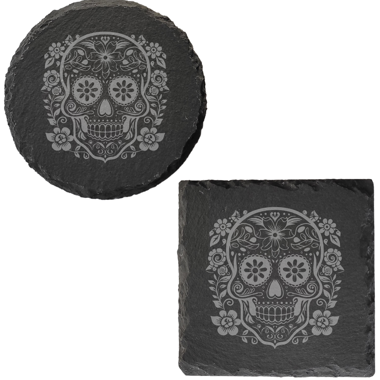 Día de los Muertos Slate Coaster – Mexican-Inspired Sugar Skull Design, Detailed Laser Engraving