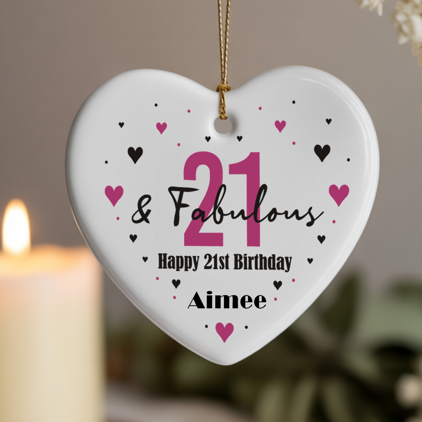 Personalised 21st Birthday Hanging Ceramic Heart – Custom Name Milestone Gift Keepsake Decoration