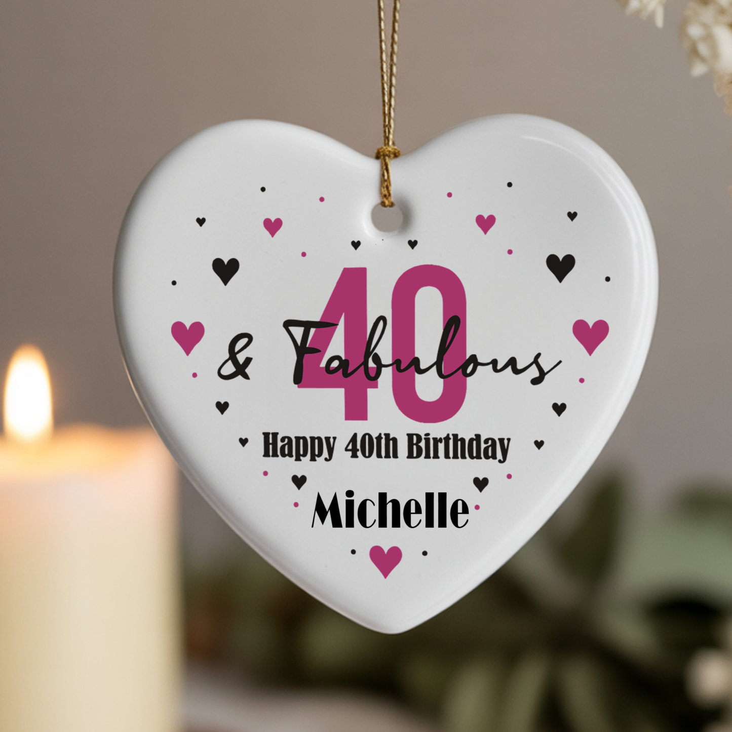 Personalised 40th Birthday Hanging Ceramic Heart – Custom Name Milestone Gift Keepsake Decoration