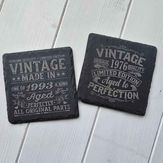 Personalised Vintage Slate Coaster – Add a Custom Birth Year Design, 2 Styles Available, Optional Gift Box
