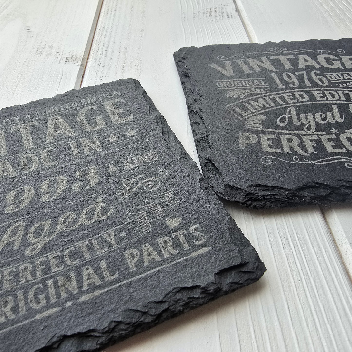 Personalised Vintage Slate Coaster – Add a Custom Birth Year Design, 2 Styles Available, Optional Gift Box