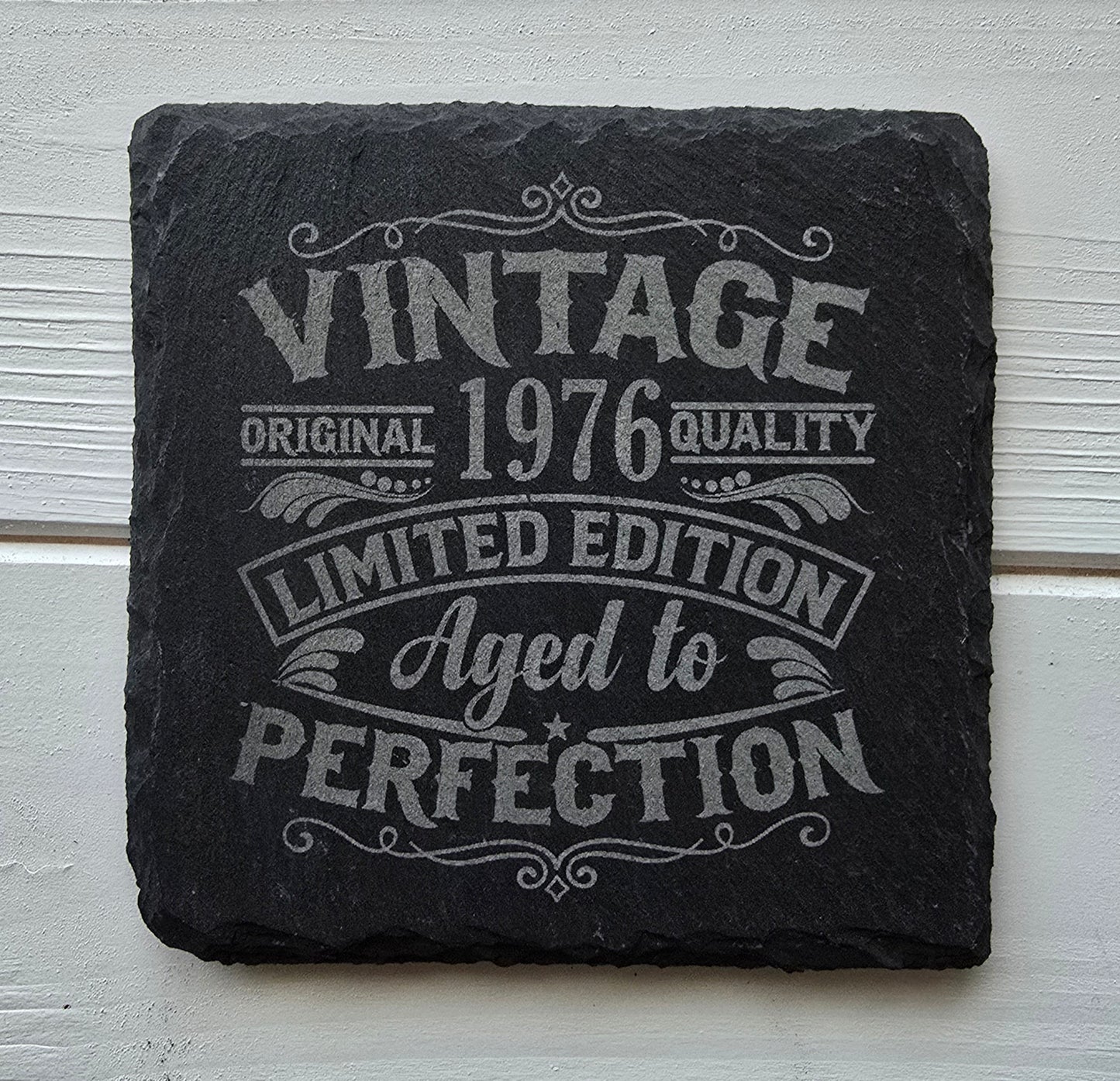 Personalised Vintage Slate Coaster – Add a Custom Birth Year Design, 2 Styles Available, Optional Gift Box
