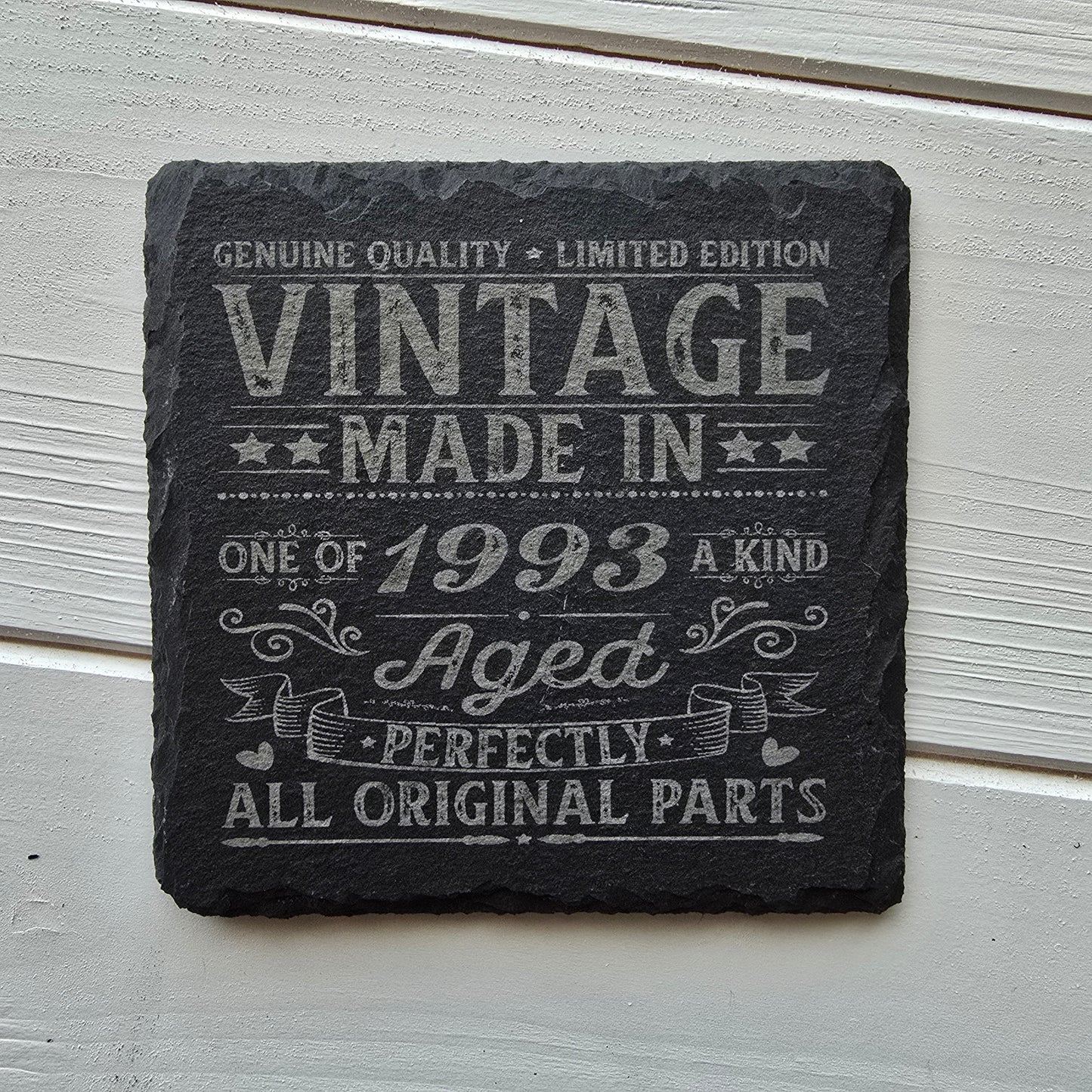 Personalised Vintage Slate Coaster – Add a Custom Birth Year Design, 2 Styles Available, Optional Gift Box