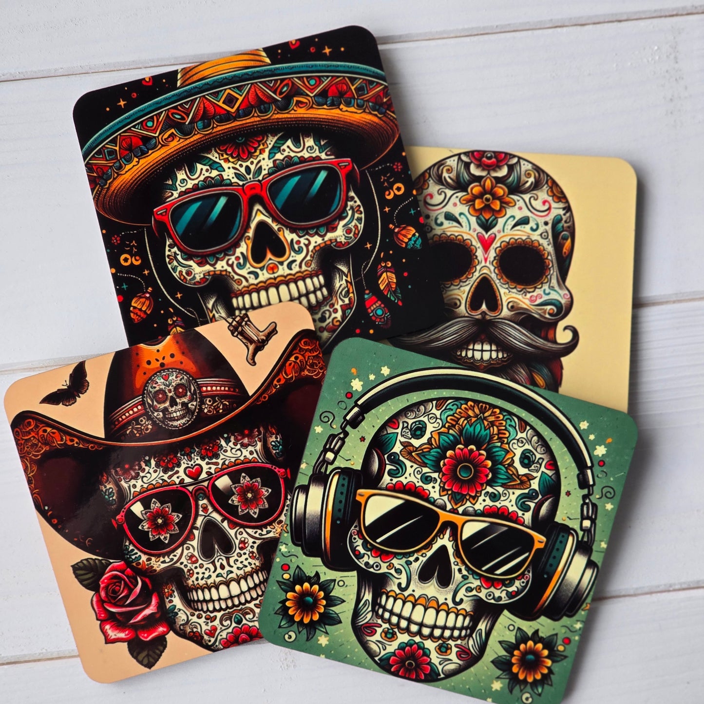 Día de los Muertos Coasters – Colourful Sublimation Coaster Skulls with Modern Details - Mexican Festival Décor