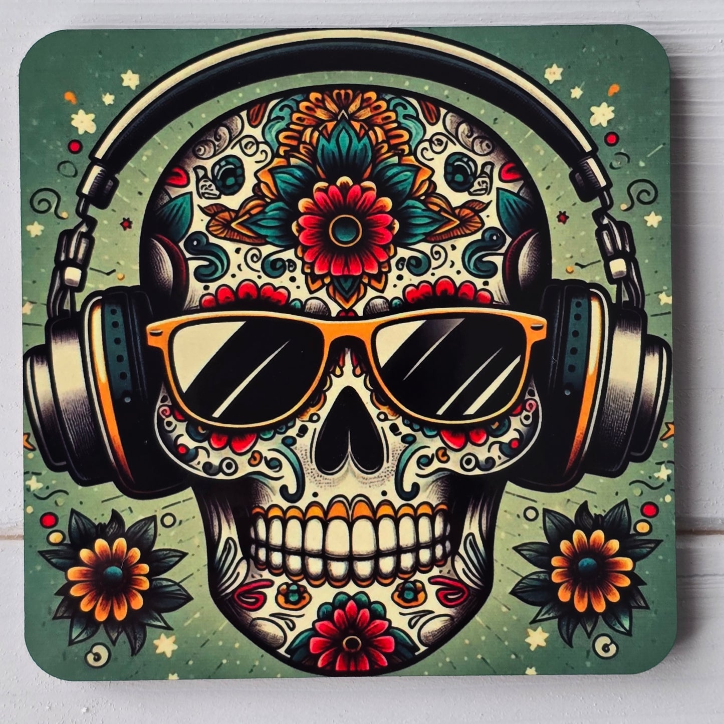 Día de los Muertos Coasters – Colourful Sublimation Coaster Skulls with Modern Details - Mexican Festival Décor
