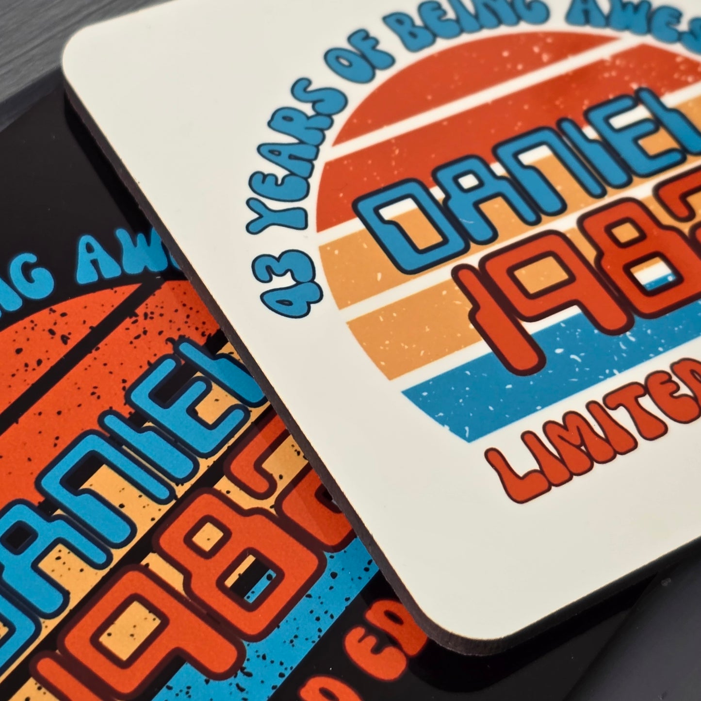 80's Inspired Retro Personalised Coaster – Black or White with Name & Birth Year