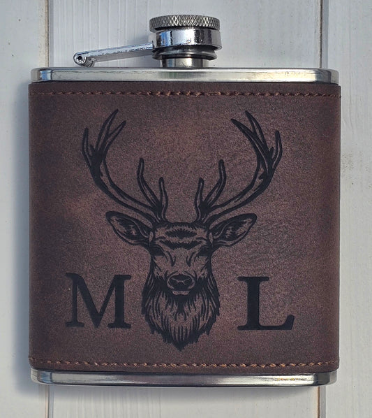Personalised Stag Head Hip Flask – Laser Engraved 6oz Flask with Optional Initials, 4 Colours, Gift Box Available