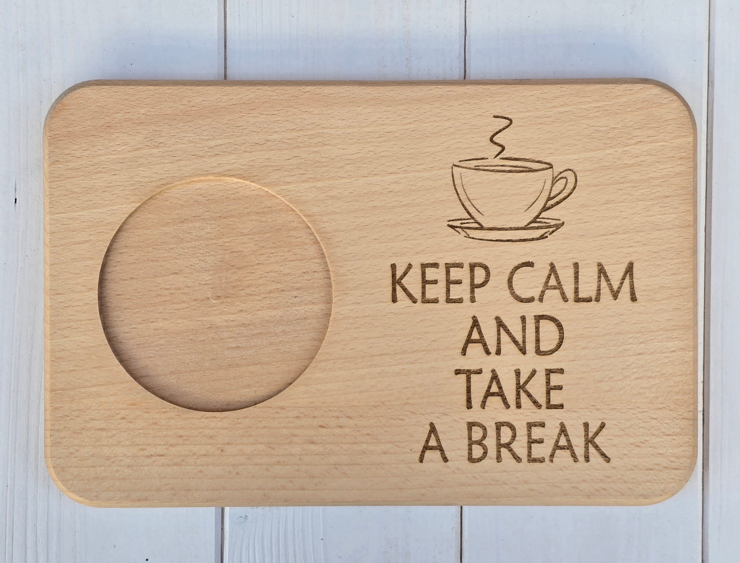 Beechwood Breakfast Board – Mug & Snack Tray with ‘Keep Calm and Take a Break’ Engraving
