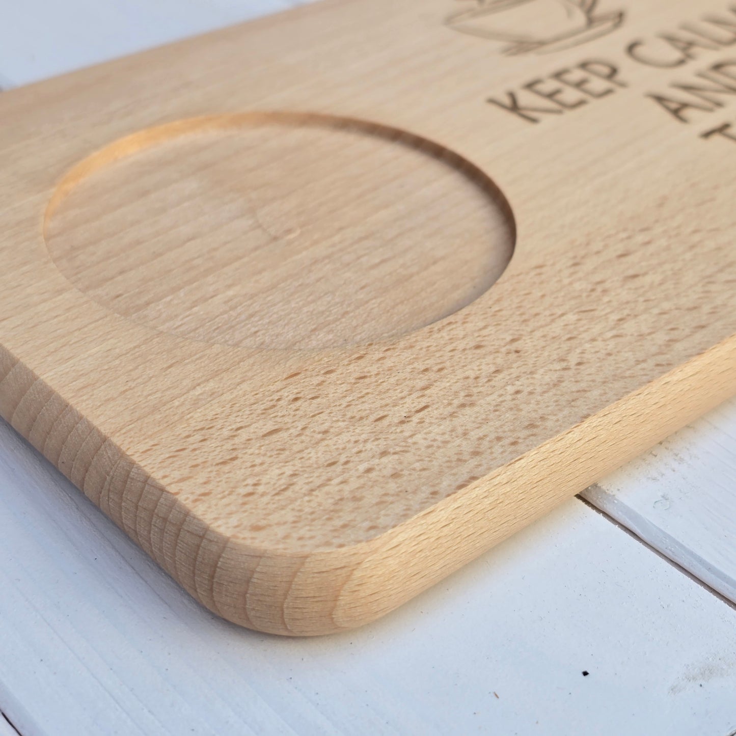 Beechwood Breakfast Board – Mug & Snack Tray with ‘Keep Calm and Take a Break’ Engraving