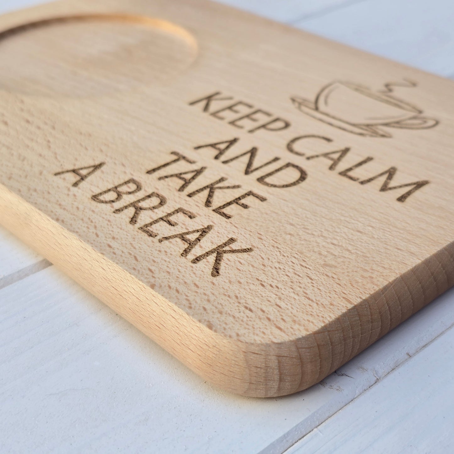 Beechwood Breakfast Board – Mug & Snack Tray with ‘Keep Calm and Take a Break’ Engraving