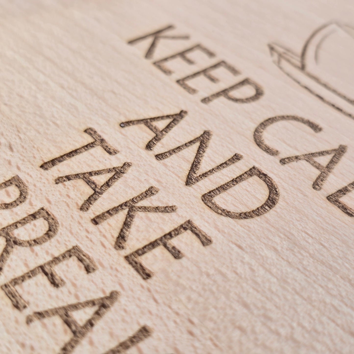 Beechwood Breakfast Board – Mug & Snack Tray with ‘Keep Calm and Take a Break’ Engraving