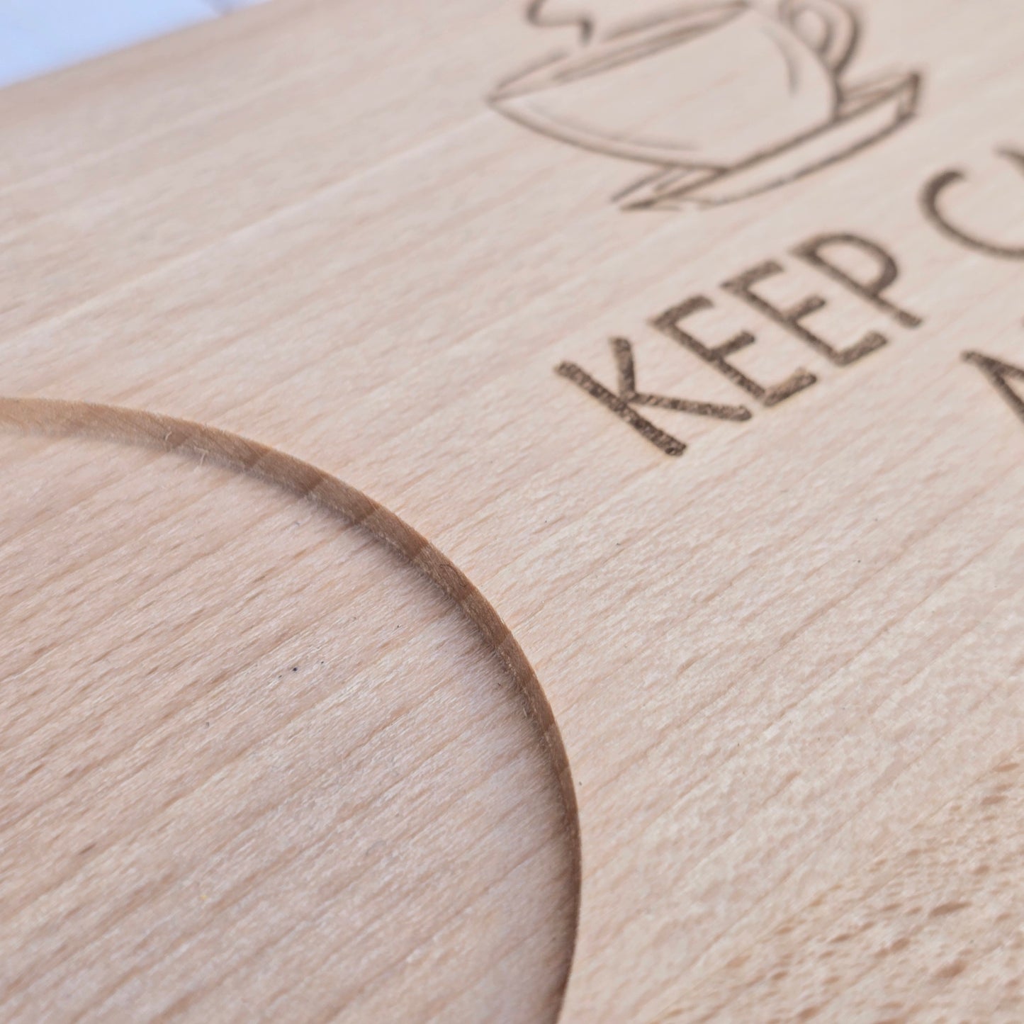 Beechwood Breakfast Board – Mug & Snack Tray with ‘Keep Calm and Take a Break’ Engraving