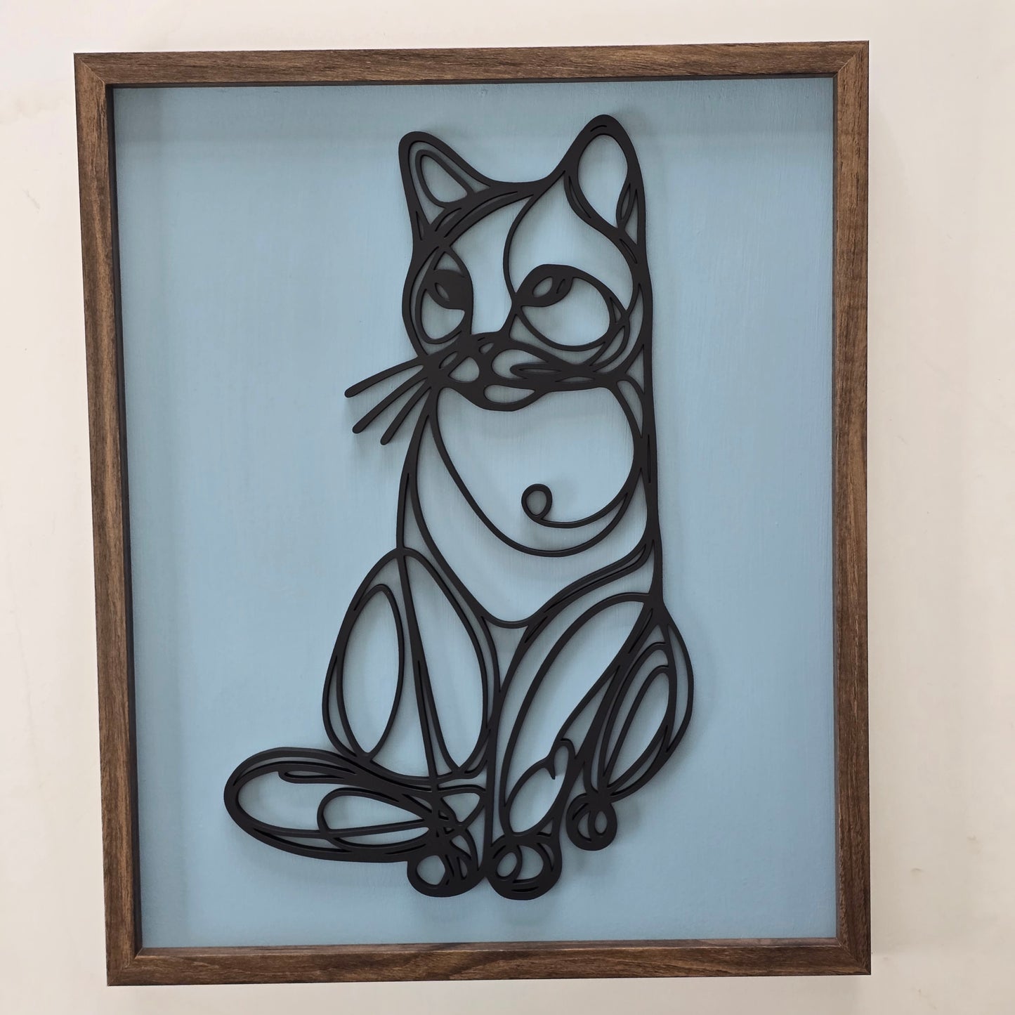 Single-Line 3D Cat Hanging Wall Art – Black Silhouette with Custom Background Colours, Framed
