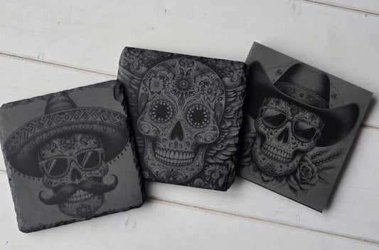 Square Slate Coasters – Intricate Mexican Skull Designs with Day of the Dead Flair