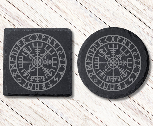 Viking Compass Slate Coaster – Laser Engraved Vegvisir Symbol  Norse Mythology Gift & Nordic Home Décor
