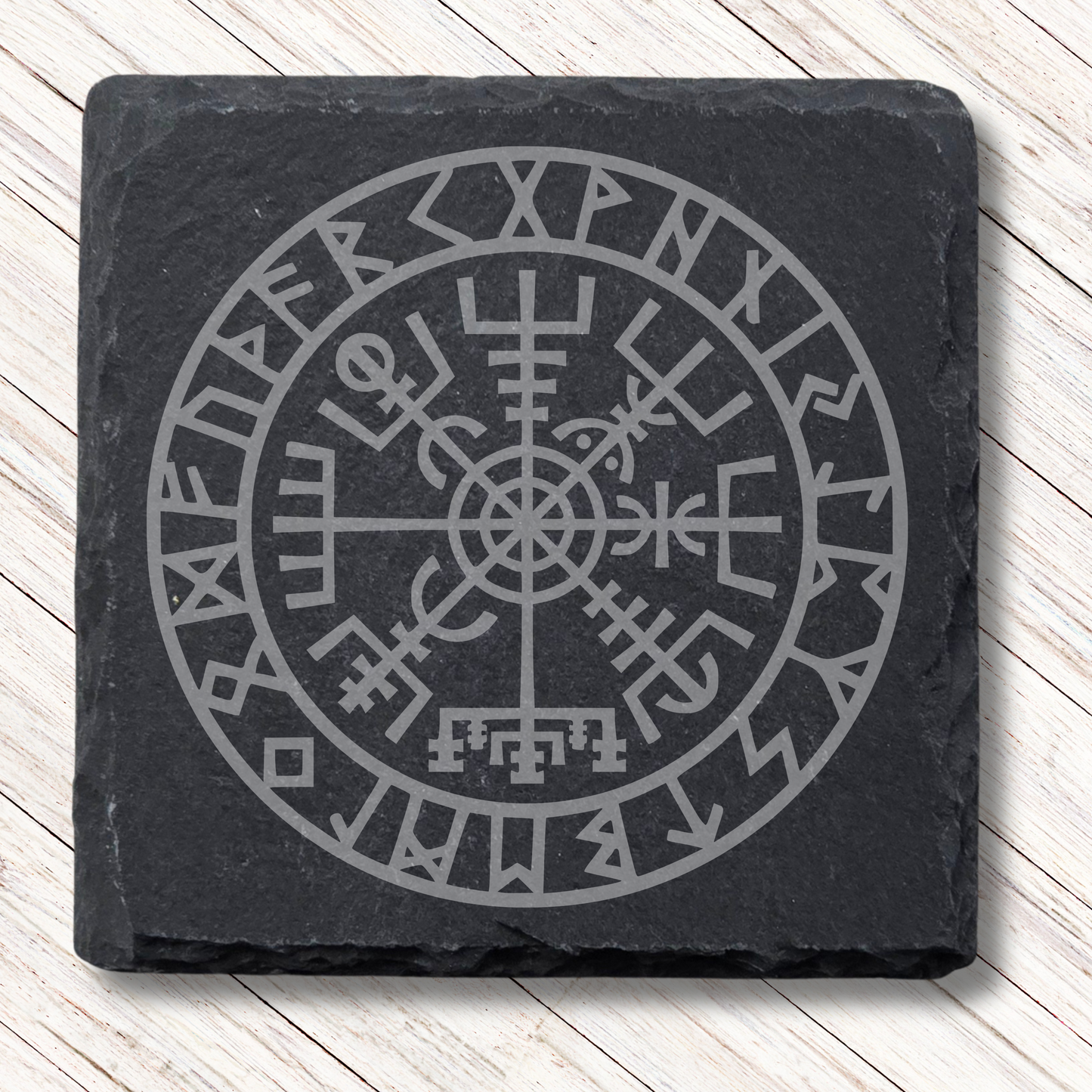 Viking Compass Slate Coaster – Laser Engraved Vegvisir Symbol Norse Mythology Gift & Nordic Home Décor