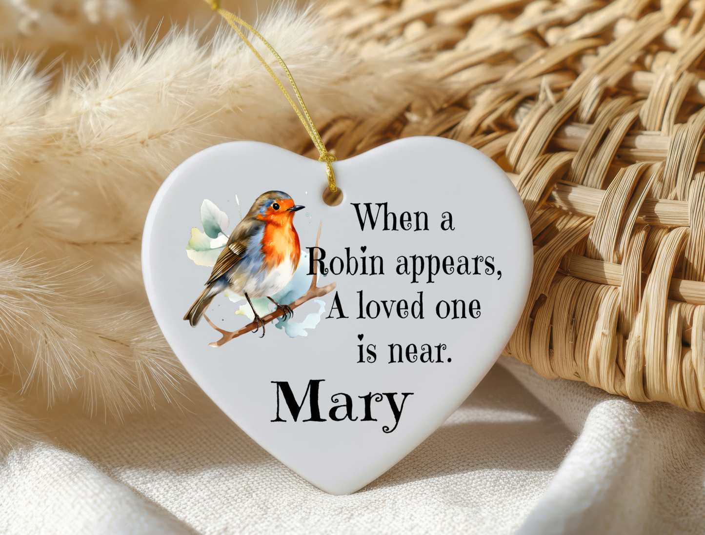 Personalised White Ceramic Heart – Robin Symbol of Loved Ones Near Memorial Keepsake Gift