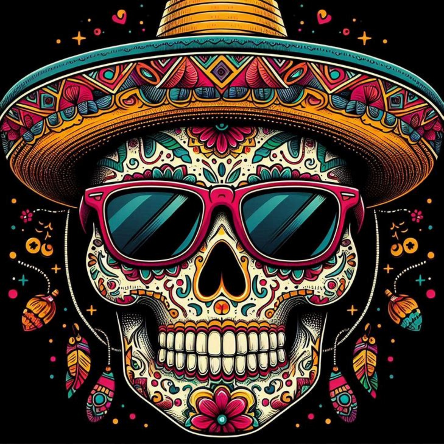 Día de los Muertos Coasters – Colourful Sublimation Coaster Skulls with Modern Details - Mexican Festival Décor