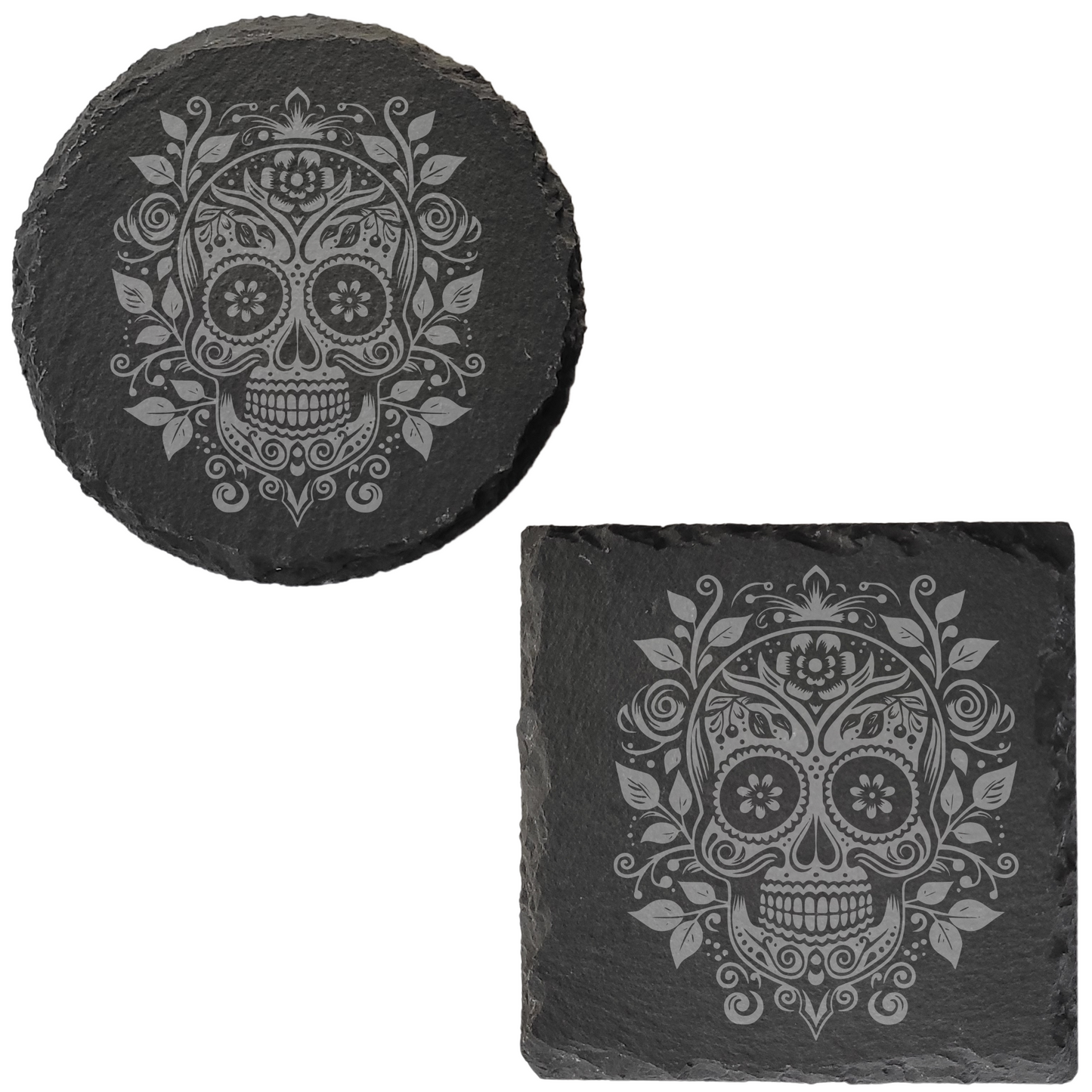 Día de los Muertos Slate Coaster – Mexican-Inspired Sugar Skull Design, Detailed Laser Engraving