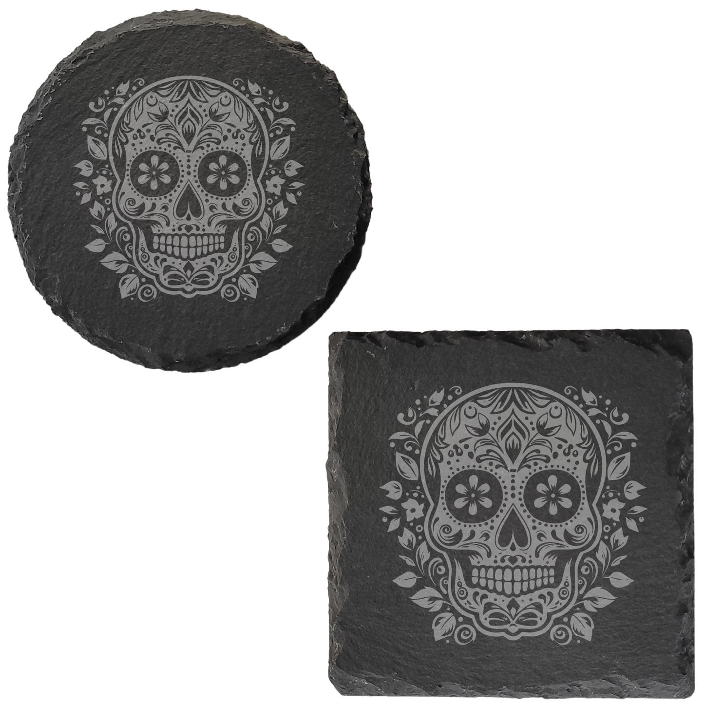 Día de los Muertos Slate Coaster – Mexican-Inspired Sugar Skull Design, Detailed Laser Engraving