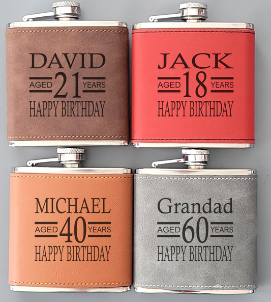 Personalised Birthday Hip Flask – Happy Birthday Design with Name & Age, Laser Engraved, Gift Box Option