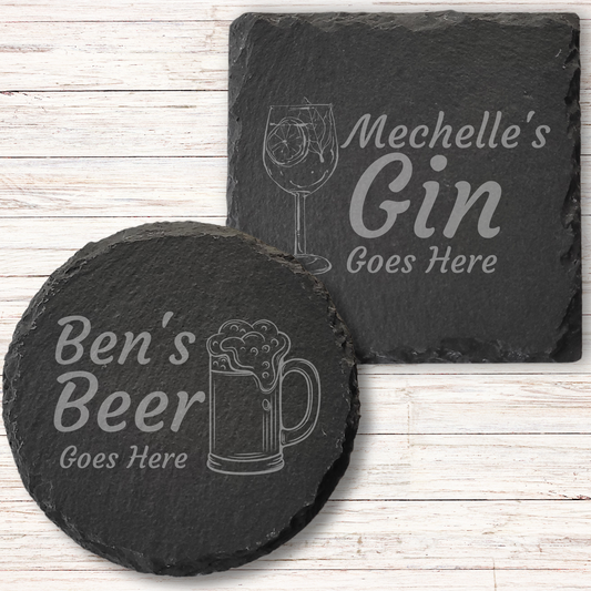 Personalised Slate Drinks Coaster – Custom Name & Drink Design, Laser Engraved