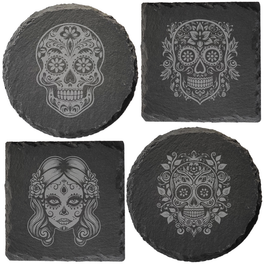 Día de los Muertos Slate Coaster – Mexican-Inspired Sugar Skull Design, Detailed Laser Engraving