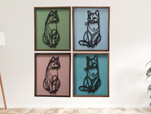 Single-Line 3D Cat Hanging Wall Art – Black Silhouette with Custom Background Colours, Framed