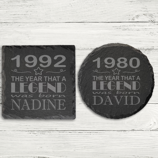 Personalised Slate Coaster – “The Year a Legend Was Born” Design with Custom Name & Birth Year