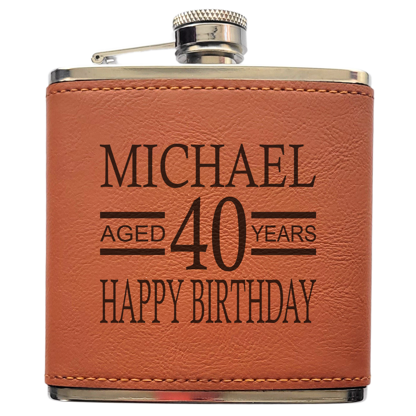 Personalised Birthday Hip Flask – Happy Birthday Design with Name & Age, Laser Engraved, Gift Box Option