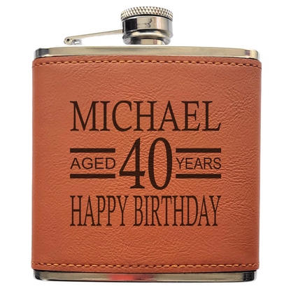 Personalised Birthday Hip Flask – Happy Birthday Design with Name & Age, Laser Engraved, Gift Box Option