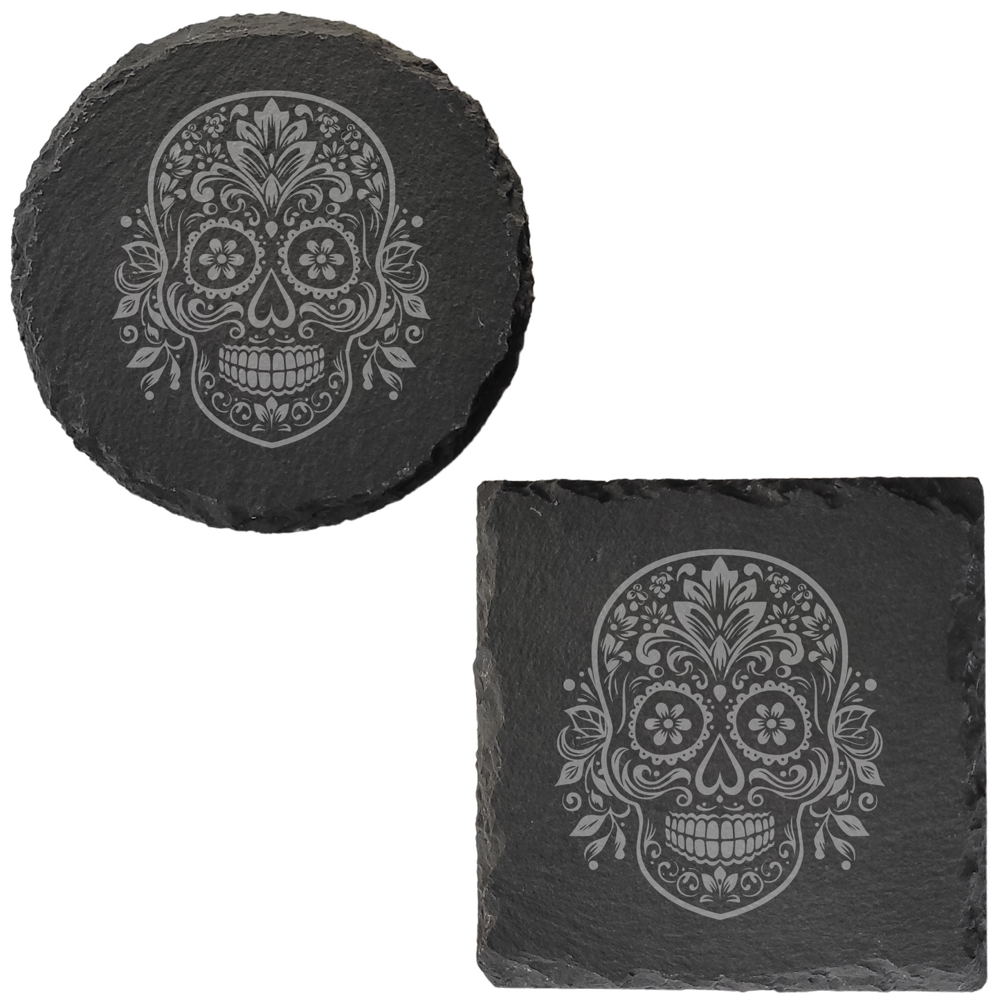 Día de los Muertos Slate Coaster – Mexican-Inspired Sugar Skull Design, Detailed Laser Engraving