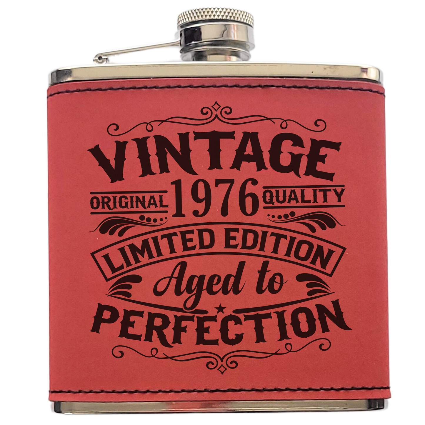 Personalised Vintage Style 6oz Hip Flask – Custom Birth Year Engraving, 4 Colours, Optional Gift Box