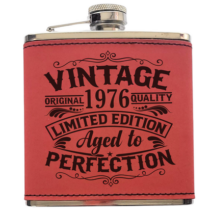 Personalised Vintage Style 6oz Hip Flask – Custom Birth Year Engraving, 4 Colours, Optional Gift Box