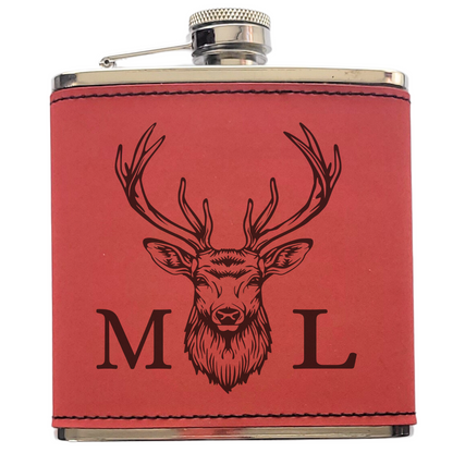 Personalised Stag Head Hip Flask – Laser Engraved 6oz Flask with Optional Initials, 4 Colours, Gift Box Available
