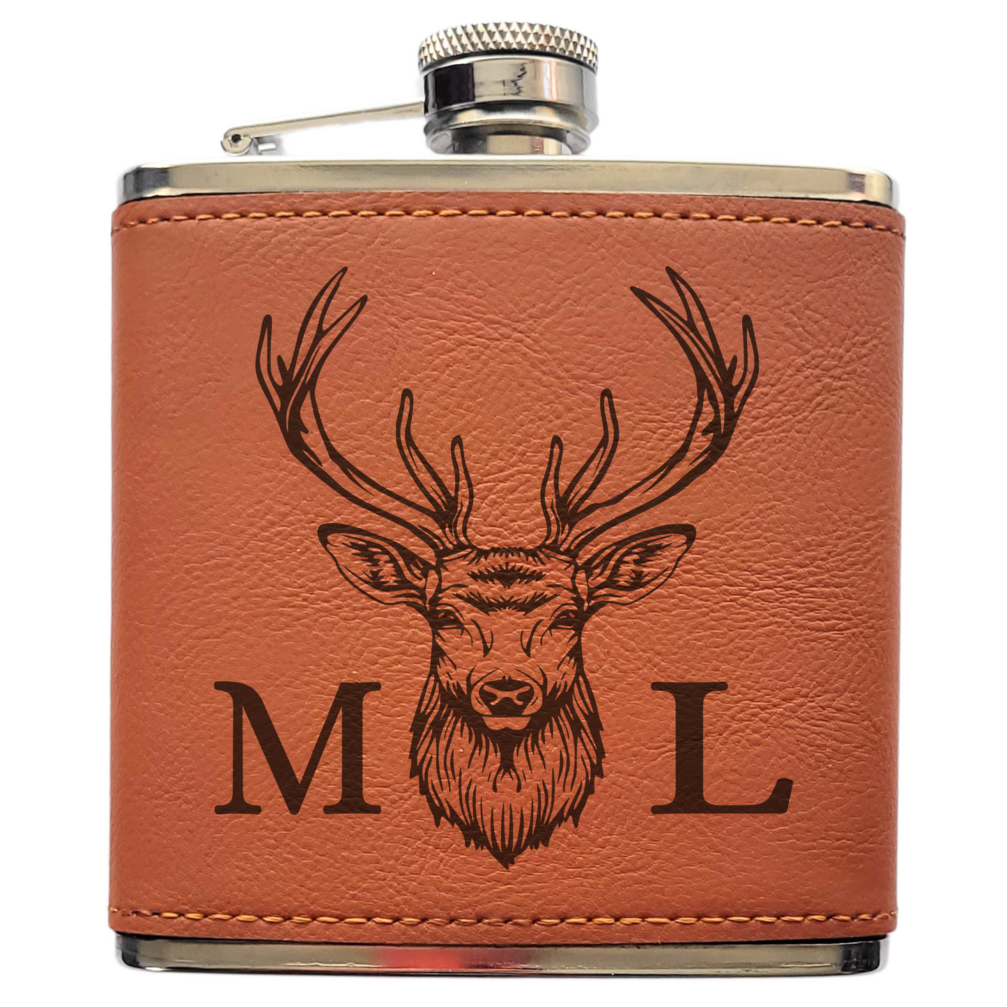 Personalised Stag Head Hip Flask – Laser Engraved 6oz Flask with Optional Initials, 4 Colours, Gift Box Available