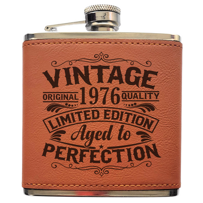 Personalised Vintage Style 6oz Hip Flask – Custom Birth Year Engraving, 4 Colours, Optional Gift Box