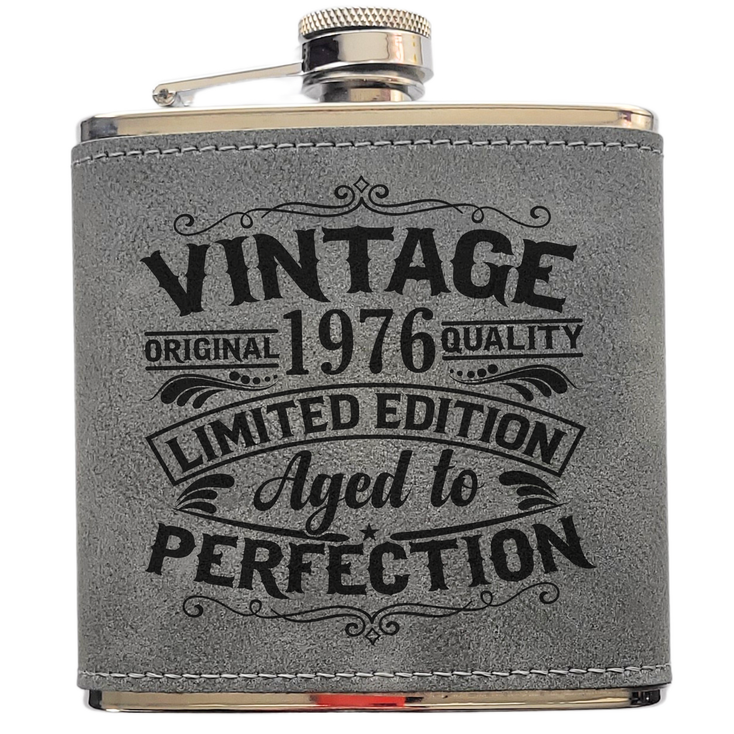 Personalised Vintage Style 6oz Hip Flask – Custom Birth Year Engraving, 4 Colours, Optional Gift Box