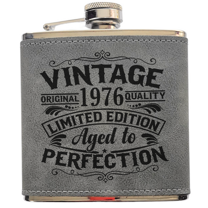 Personalised Vintage Style 6oz Hip Flask – Custom Birth Year Engraving, 4 Colours, Optional Gift Box