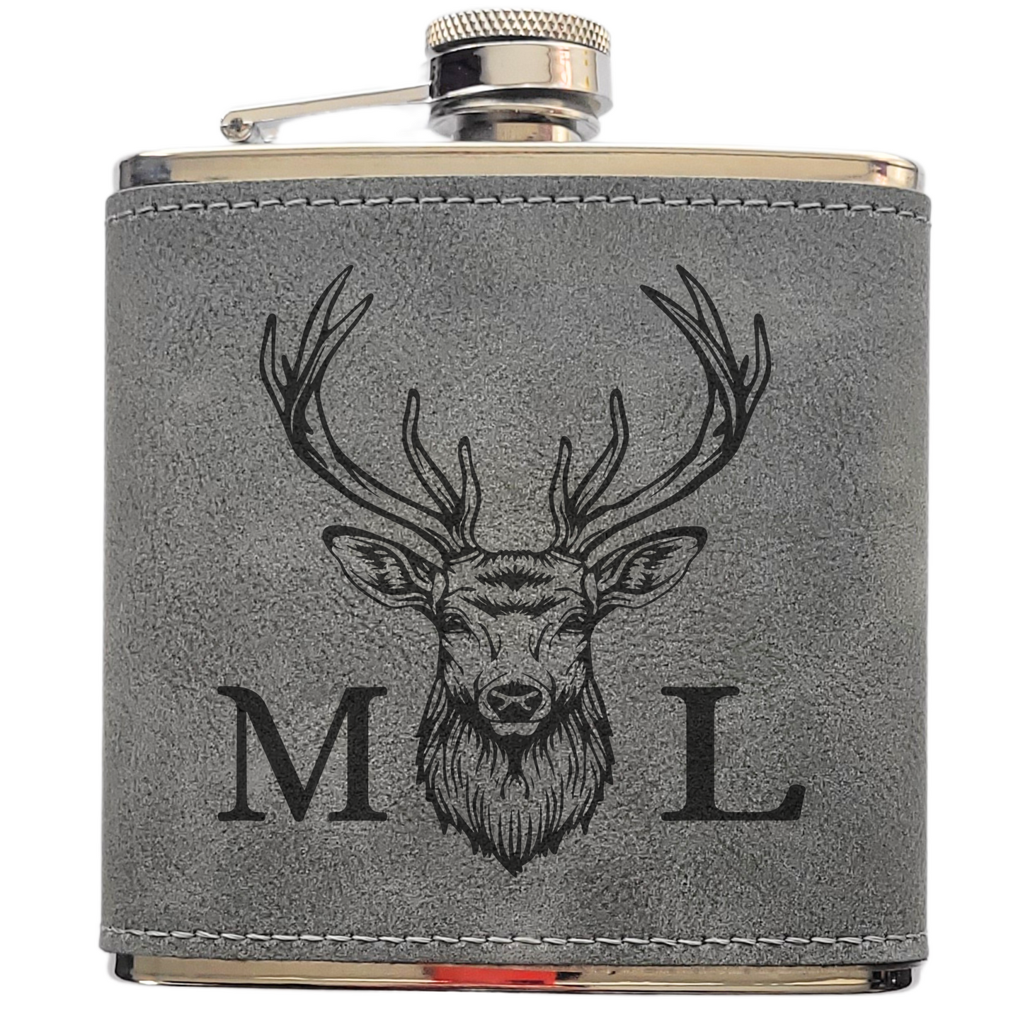 Personalised Stag Head Hip Flask – Laser Engraved 6oz Flask with Optional Initials, 4 Colours, Gift Box Available