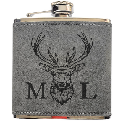 Personalised Stag Head Hip Flask – Laser Engraved 6oz Flask with Optional Initials, 4 Colours, Gift Box Available