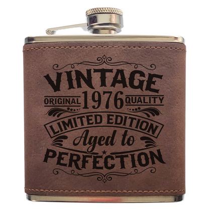 Personalised Vintage Style 6oz Hip Flask – Custom Birth Year Engraving, 4 Colours, Optional Gift Box
