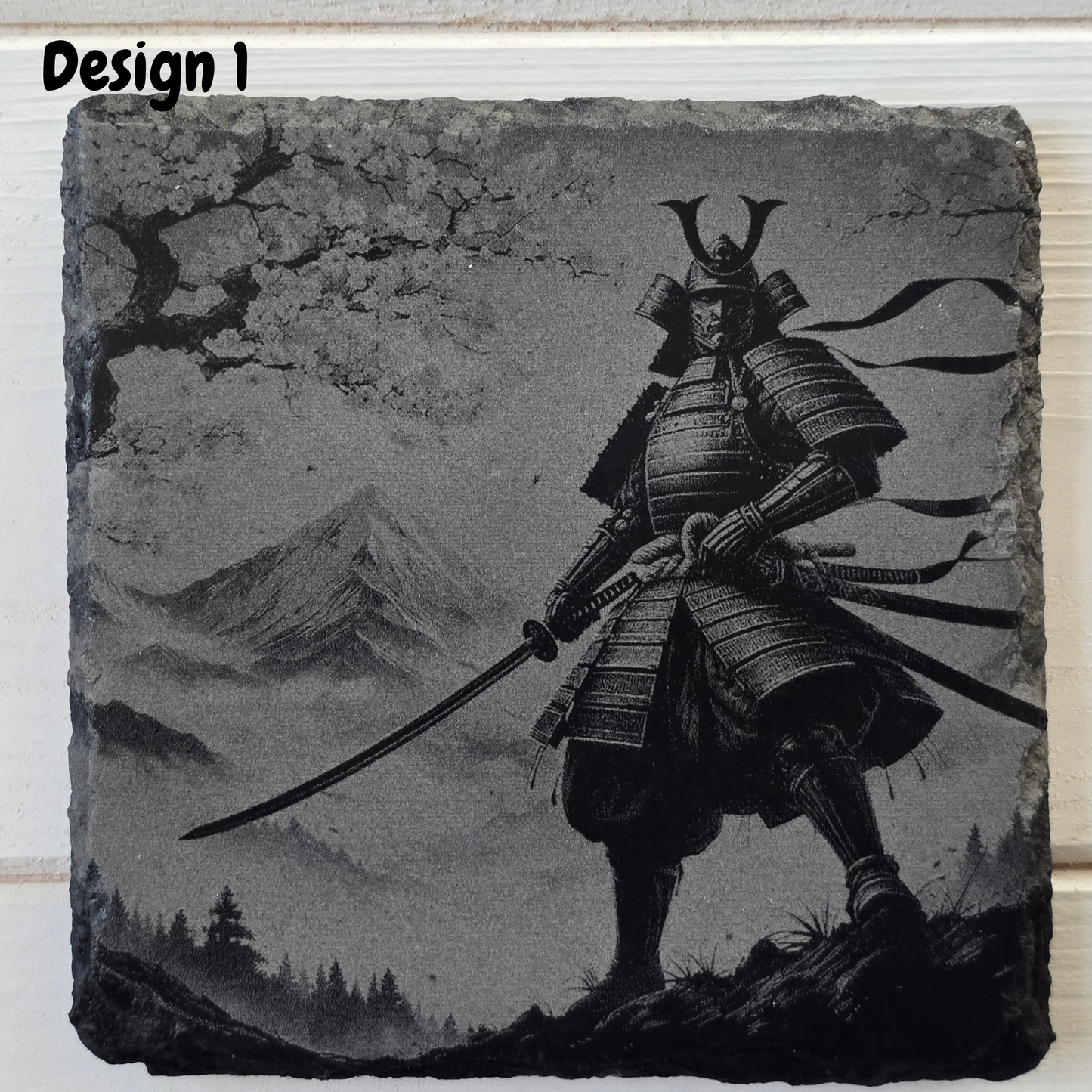 Engraved Samurai Warrior Slate Coaster – Rustic Japanese Gift & Home Bar Decor