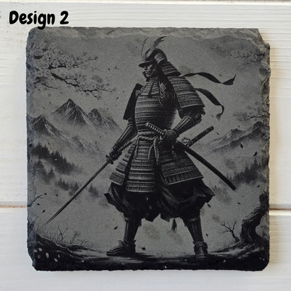 Engraved Samurai Warrior Slate Coaster – Rustic Japanese Gift & Home Bar Decor
