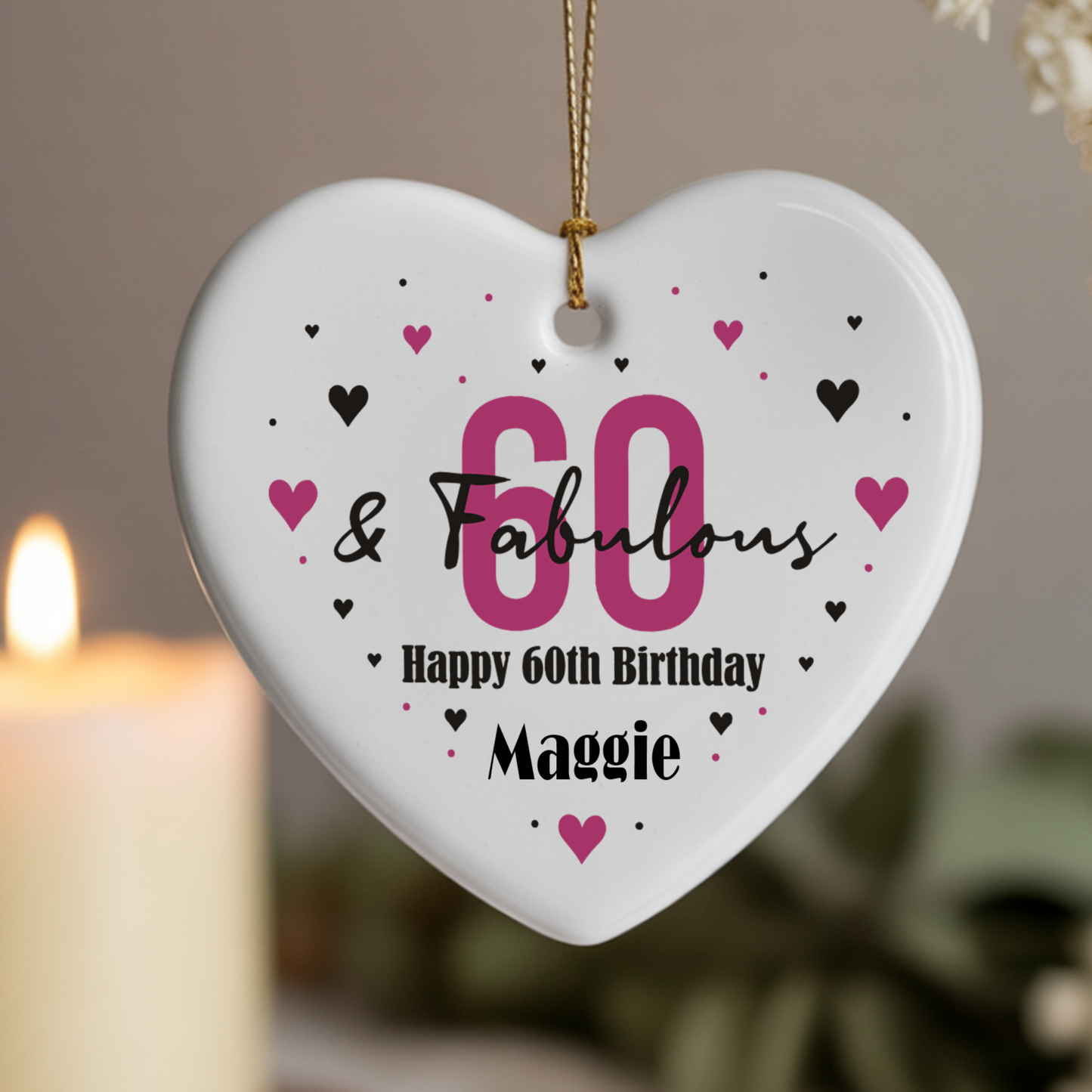 Personalised 60th Birthday Hanging Ceramic Heart – Custom Name Milestone Gift Keepsake Decoration