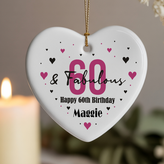 Personalised 60th Birthday Hanging Ceramic Heart – Custom Name Milestone Gift Keepsake Decoration