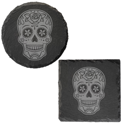 Día de los Muertos Slate Coaster – Mexican-Inspired Sugar Skull Design, Detailed Laser Engraving