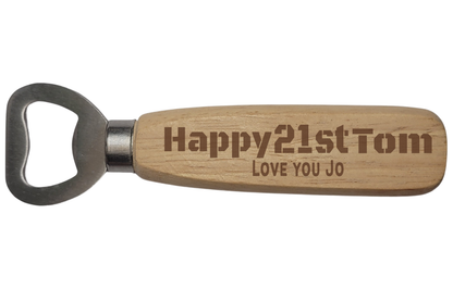 Personalised Wooden Bottle Opener – Birthday Gift with Name, Age & Message  Laser Engraved Handle  4 Unique Designs