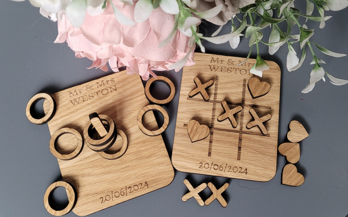 Personalised Oak Veneer Wedding Games – Hearts & Crosses + Ring Toss in Organza Bags