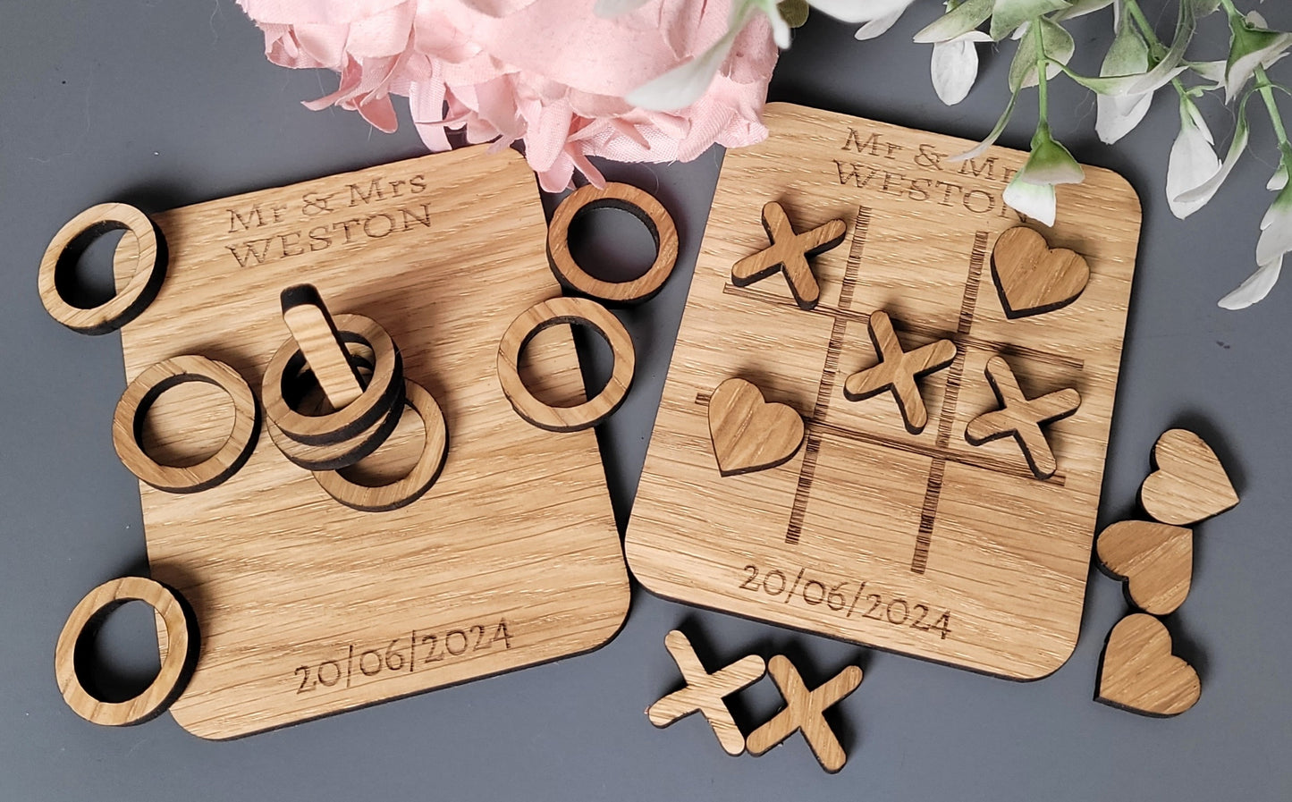 Personalised Oak Veneer Wedding Games – Hearts & Crosses + Ring Toss in Organza Bags